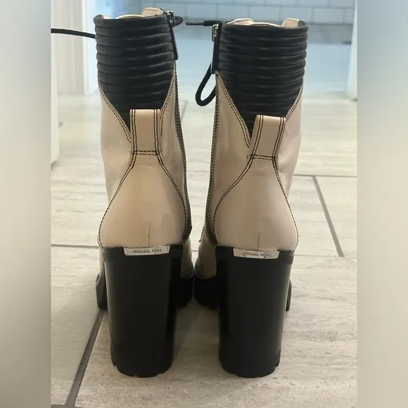 Michael Kors Bastian Chunky Heel Leather Combat Boots, Size 8.5, Off-White