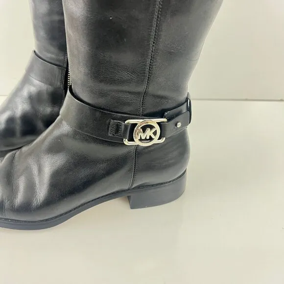 Michael Kors Black MK Silver Logo Riding Boots Size 8.5 M