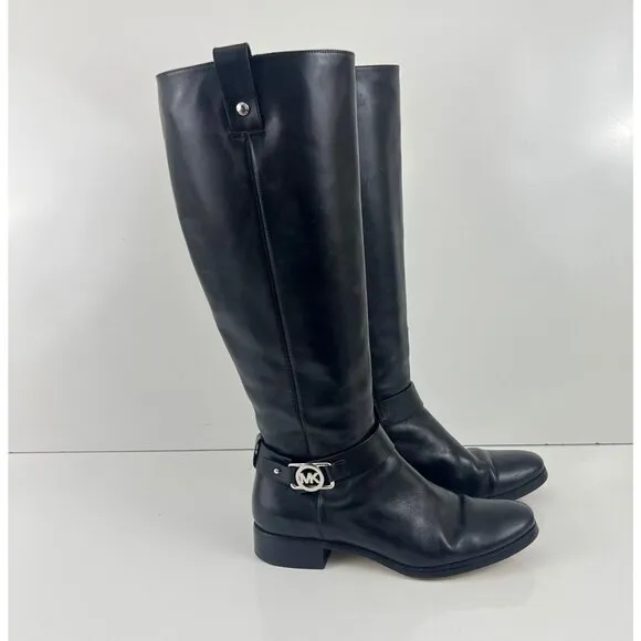 Michael Kors Black MK Silver Logo Riding Boots Size 8.5 M