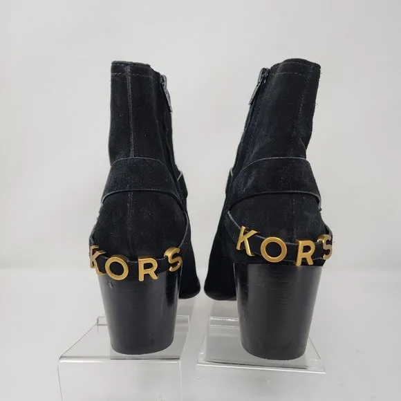 Michael Kors Boots Womens 6.5 Black Goldie Suede Western Logo Spell Out Booties
