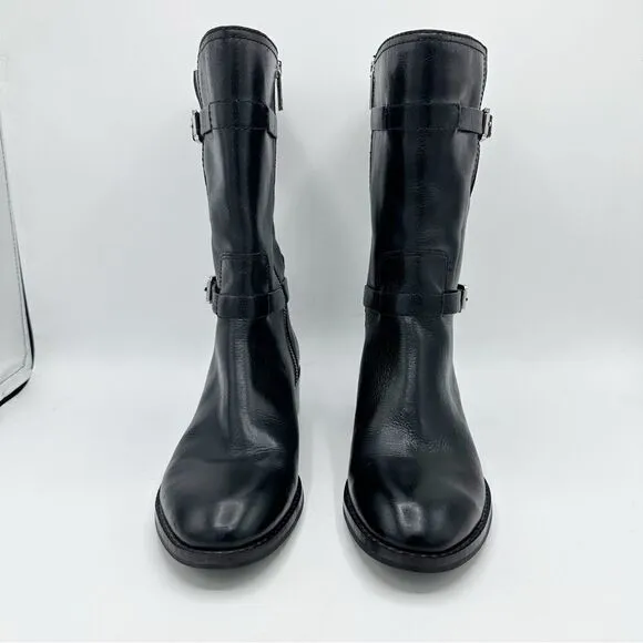 Michael Kors Chunky Heel Moto Boot Black Silver Buckles Lug Sole Sz 7.5