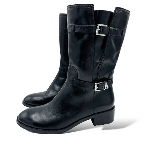 Michael Kors Chunky Heel Moto Boot Black Silver Buckles Lug Sole Sz 7.5