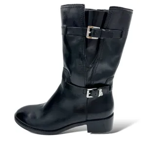 Michael Kors Chunky Heel Moto Boot Black Silver Buckles Lug Sole Sz 7.5