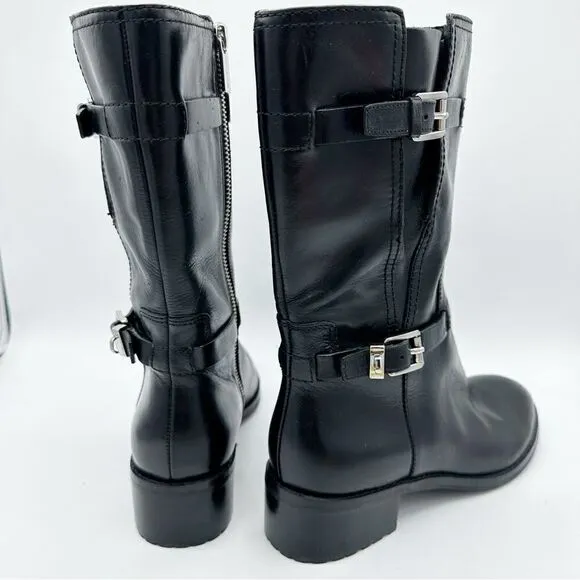 Michael Kors Chunky Heel Moto Boot Black Silver Buckles Lug Sole Sz 7.5