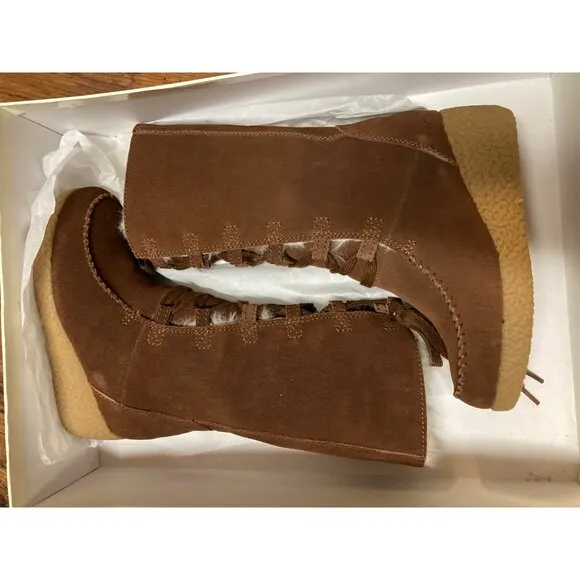 Michael Kors Miss Vanessa Brown Lace-Up Suede Wedge Boots Size 1M New In Box