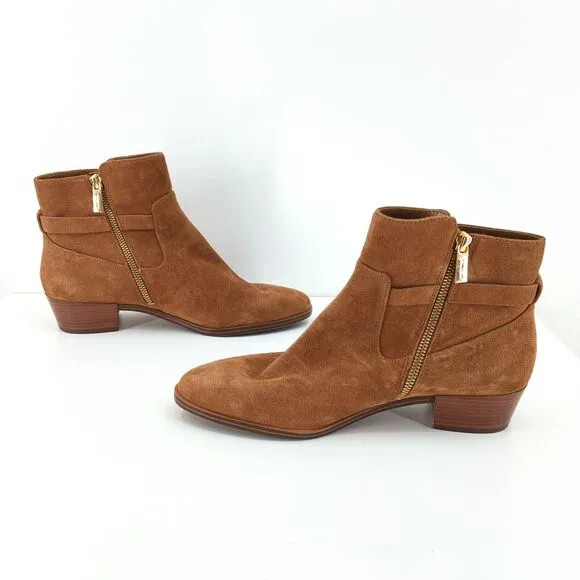 Michael Kors Women 9.5 Kieran Boots Booties Brown Suede Gold Lock Logo NEW FLAW
