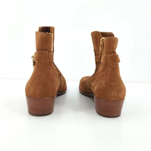 Michael Kors Women 9.5 Kieran Boots Booties Brown Suede Gold Lock Logo NEW FLAW
