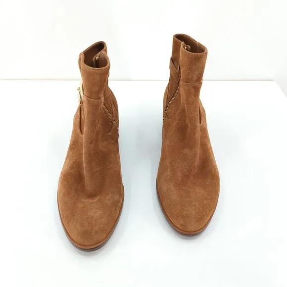 Michael Kors Women 9.5 Kieran Boots Booties Brown Suede Gold Lock Logo NEW FLAW
