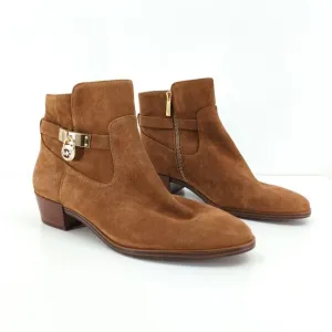 Michael Kors Women 9.5 Kieran Boots Booties Brown Suede Gold Lock Logo NEW FLAW