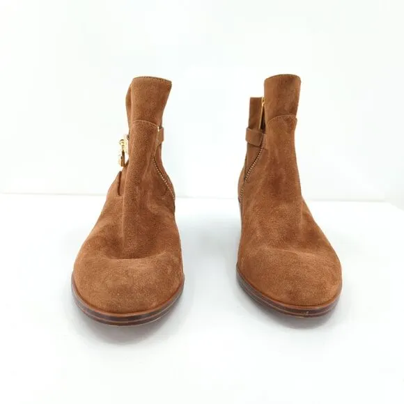Michael Kors Women 9.5 Kieran Boots Booties Brown Suede Gold Lock Logo NEW FLAW