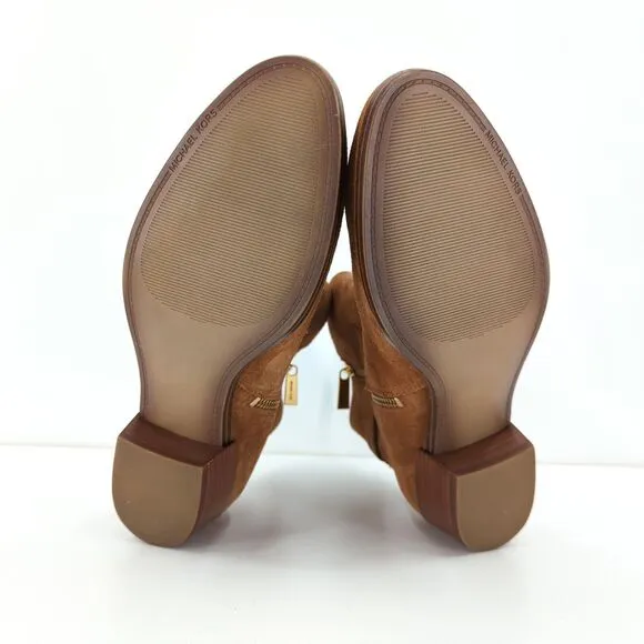 Michael Kors Women 9.5 Kieran Boots Booties Brown Suede Gold Lock Logo NEW FLAW
