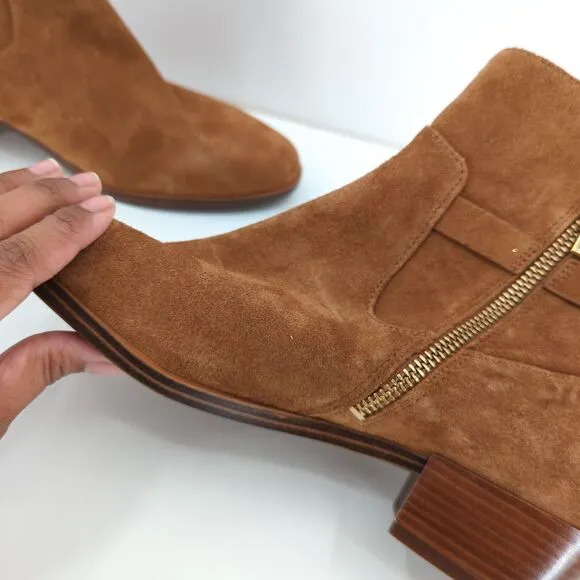Michael Kors Women 9.5 Kieran Boots Booties Brown Suede Gold Lock Logo NEW FLAW