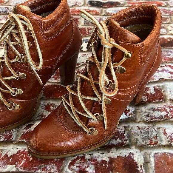 Michael Kors distressed brown leather ankle boots with raw leather tie
