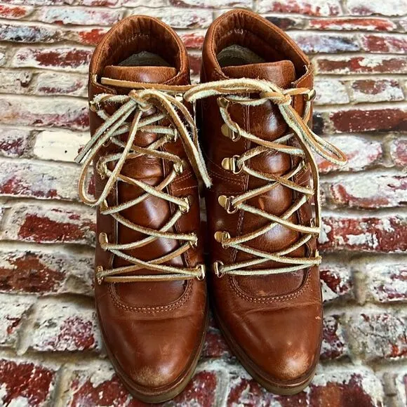 Michael Kors distressed brown leather ankle boots with raw leather tie