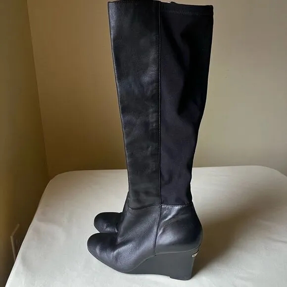 MICHAEL Michael Kors Knee High Riding Boots Black Leather Wedge Heel 6.5