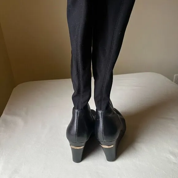MICHAEL Michael Kors Knee High Riding Boots Black Leather Wedge Heel 6.5