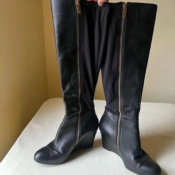 MICHAEL Michael Kors Knee High Riding Boots Black Leather Wedge Heel 6.5