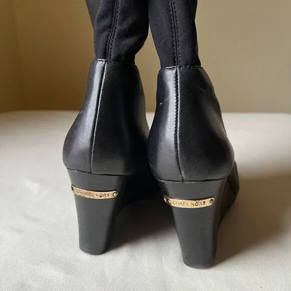 MICHAEL Michael Kors Knee High Riding Boots Black Leather Wedge Heel 6.5