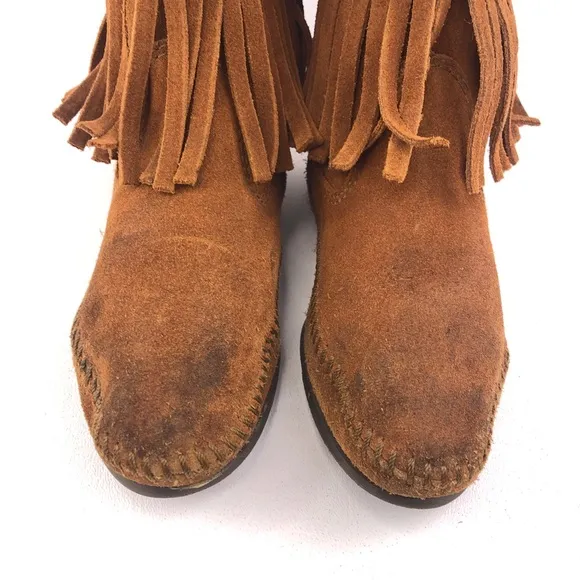 Minnetonka Brown Suede 3-Layer Fringe Moccasin Boots 5