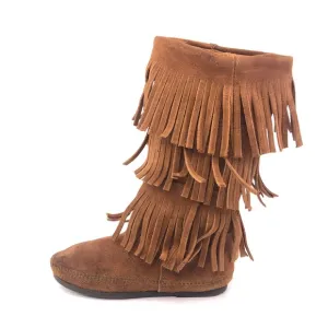 Minnetonka Brown Suede 3-Layer Fringe Moccasin Boots 5