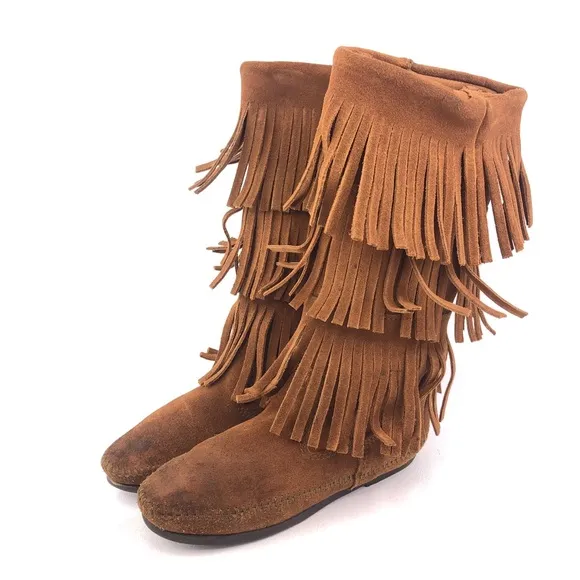 Minnetonka Brown Suede 3-Layer Fringe Moccasin Boots 5