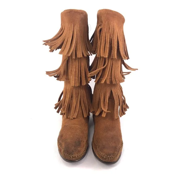 Minnetonka Brown Suede 3-Layer Fringe Moccasin Boots 5
