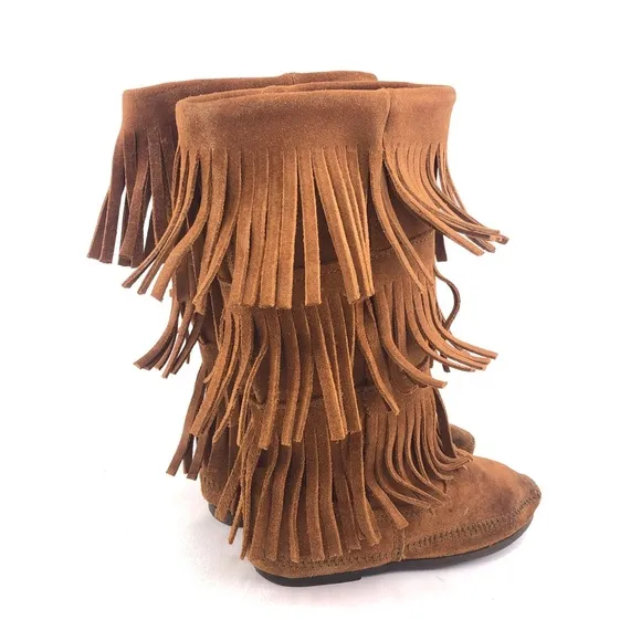 Minnetonka Brown Suede 3-Layer Fringe Moccasin Boots 5