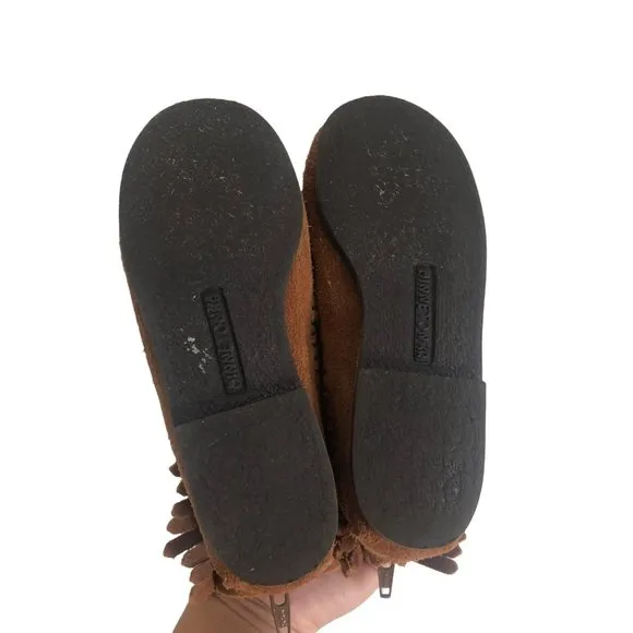 Minnetonka Little Girls Tan Suede Back Zipper Fringe Moccasin Boots Size 11