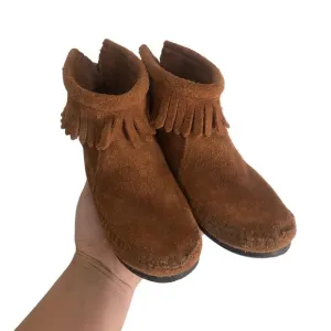 Minnetonka Little Girls Tan Suede Back Zipper Fringe Moccasin Boots Size 11