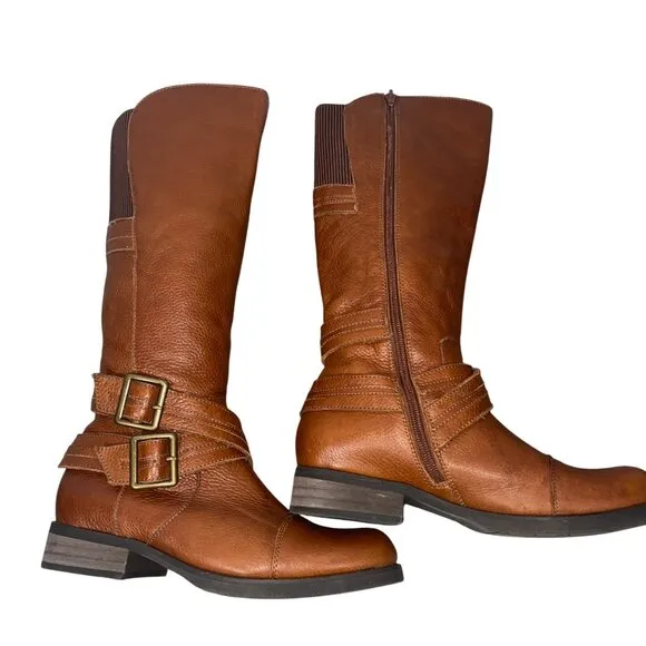 Miz Mooz Kirsten tall harness strap pebbled leather riding boots women’s 7