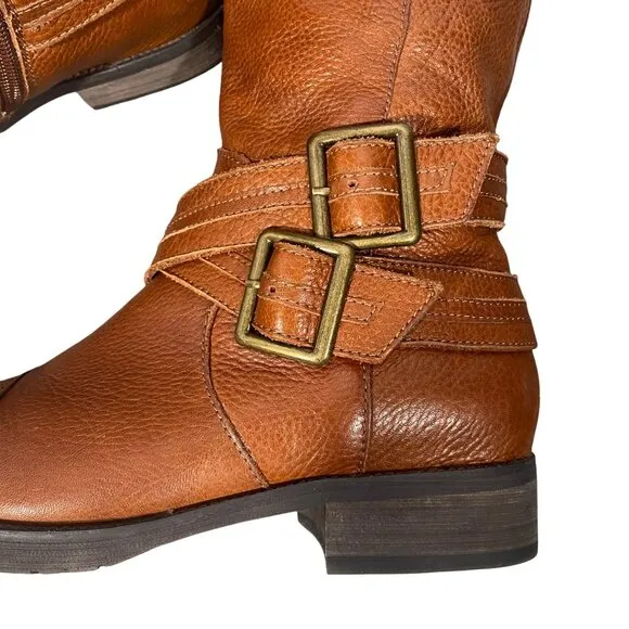 Miz Mooz Kirsten tall harness strap pebbled leather riding boots women’s 7
