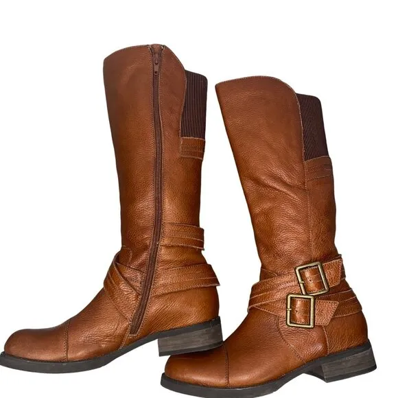 Miz Mooz Kirsten tall harness strap pebbled leather riding boots women’s 7
