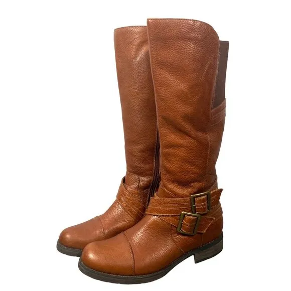 Miz Mooz Kirsten tall harness strap pebbled leather riding boots women’s 7
