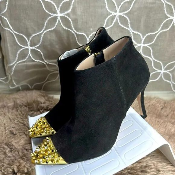 (N6) Zara Black suede ankle boots with‎ gold studded toe br Size 39/8 US
