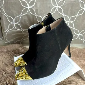 (N6) Zara Black suede ankle boots with‎ gold studded toe br Size 39/8 US
