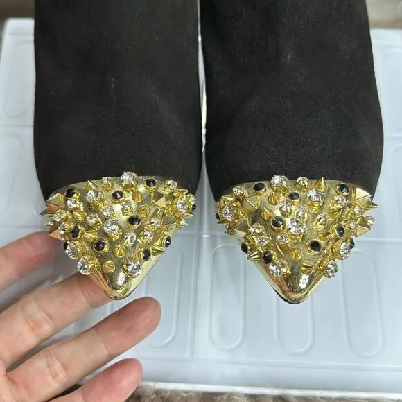(N6) Zara Black suede ankle boots with‎ gold studded toe br Size 39/8 US