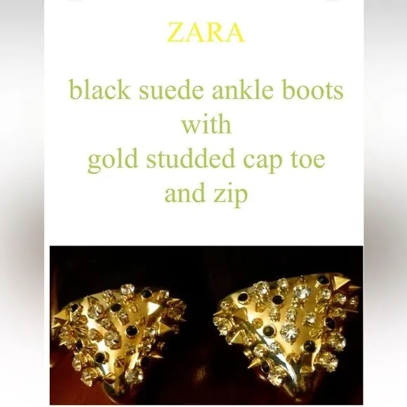 (N6) Zara Black suede ankle boots with‎ gold studded toe br Size 39/8 US