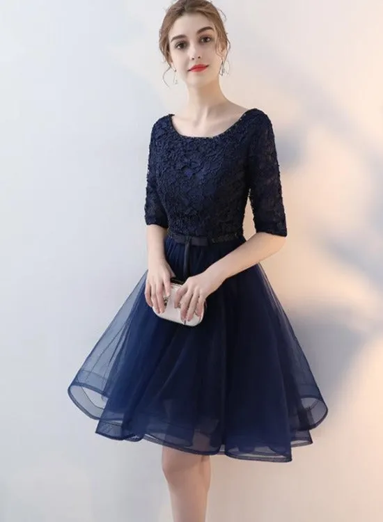 Navy Blue Lace and Tulle Short Sleeves Homecoming Dress Party Dress, Round Neckline Prom Dresses