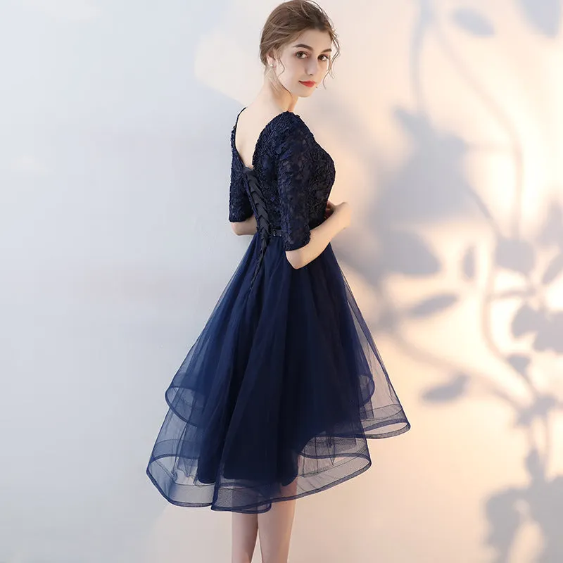 Navy Blue Lace and Tulle Short Sleeves Homecoming Dress Party Dress, Round Neckline Prom Dresses