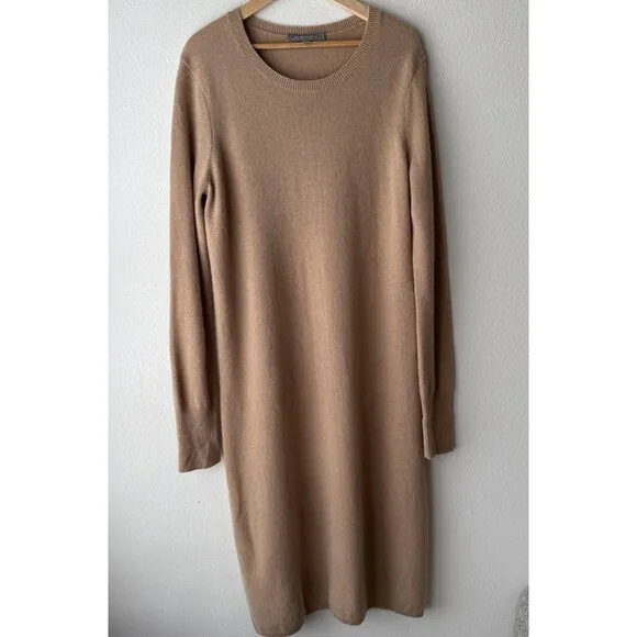 Neiman Marcus Womens 100% Cashmere Brown Long Sleeve Crew Neck Sweater Dress L