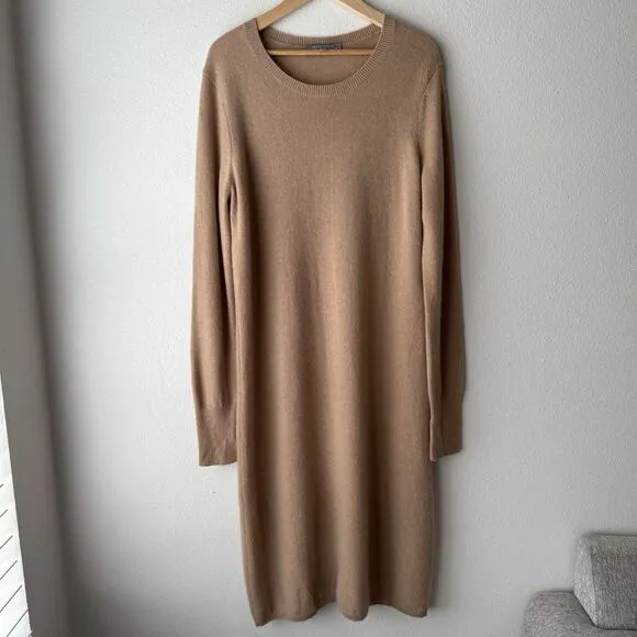 Neiman Marcus Womens 100% Cashmere Brown Long Sleeve Crew Neck Sweater Dress L