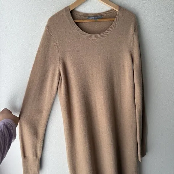 Neiman Marcus Womens 100% Cashmere Brown Long Sleeve Crew Neck Sweater Dress L