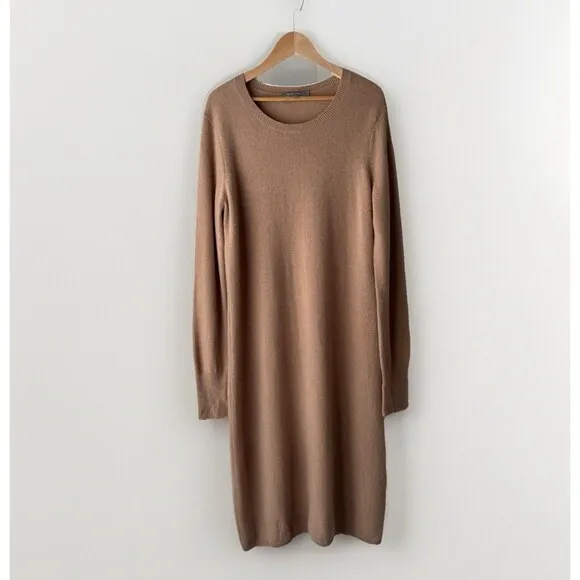Neiman Marcus Womens 100% Cashmere Brown Long Sleeve Crew Neck Sweater Dress L