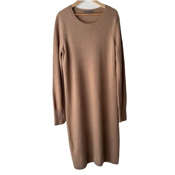 Neiman Marcus Womens 100% Cashmere Brown Long Sleeve Crew Neck Sweater Dress L