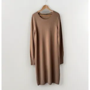 Neiman Marcus Womens 100% Cashmere Brown Long Sleeve Crew Neck Sweater Dress L