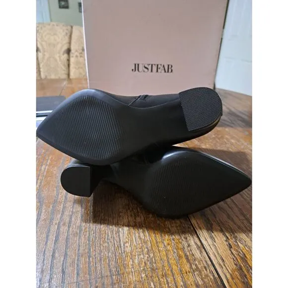 New 8.5E Wide JustFab Black Olyvia Booties Ankle Boots Chunky Block Heel
