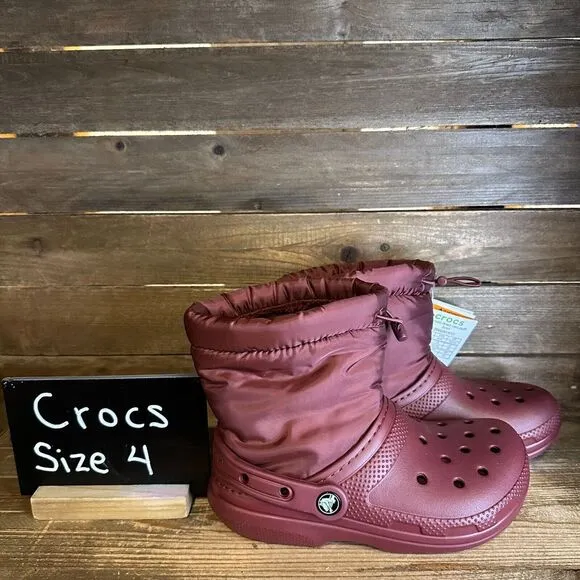 New Big Kids Crocs Classic Neo Puff Maroon Lined Winter Snow Ankle Boots Size‎ 2