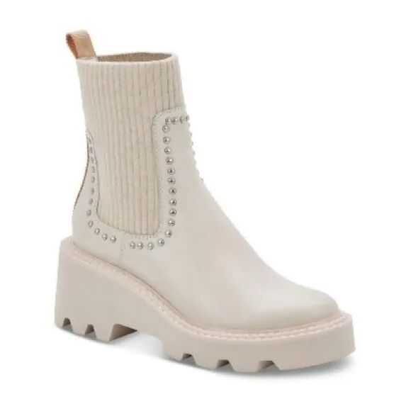 NEW Dolce Vita Hoven Stud H2O Waterproof Chelsea Boots, Ivory Leather Size 9.5