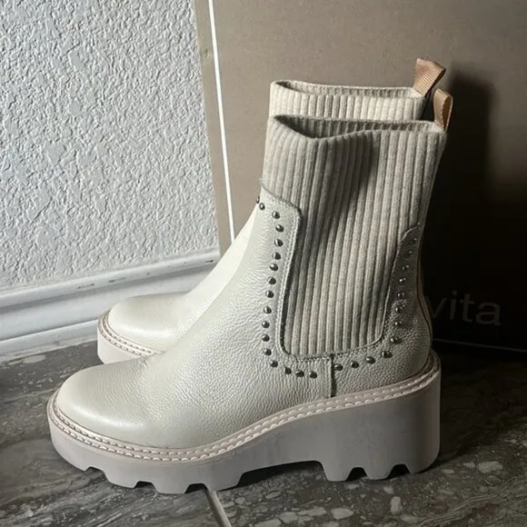 NEW Dolce Vita Hoven Stud H2O Waterproof Chelsea Boots, Ivory Leather Size 9.5