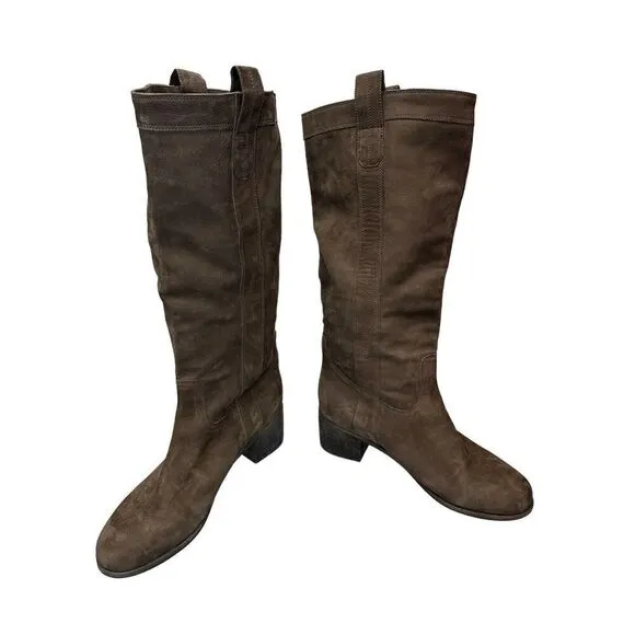 NEW Eileen Fisher Suede Tall Boots 8.5 Dark Brown High Shaft Western Vibe